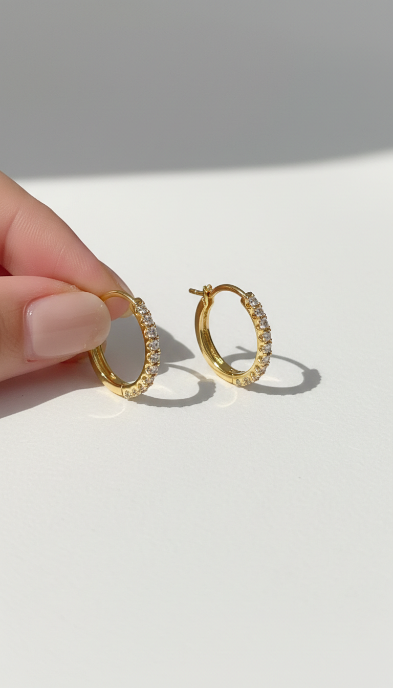 pendientes dorados con diamantes, fotografía elegante, fondo claro, estilo juvenil y minimalista