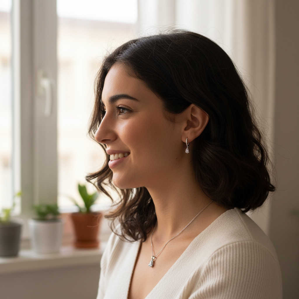 Retrato de una chica joven española, sonriente, perfil moderno y natural, luz suave, para imagen de perfil de valoración de joyería.