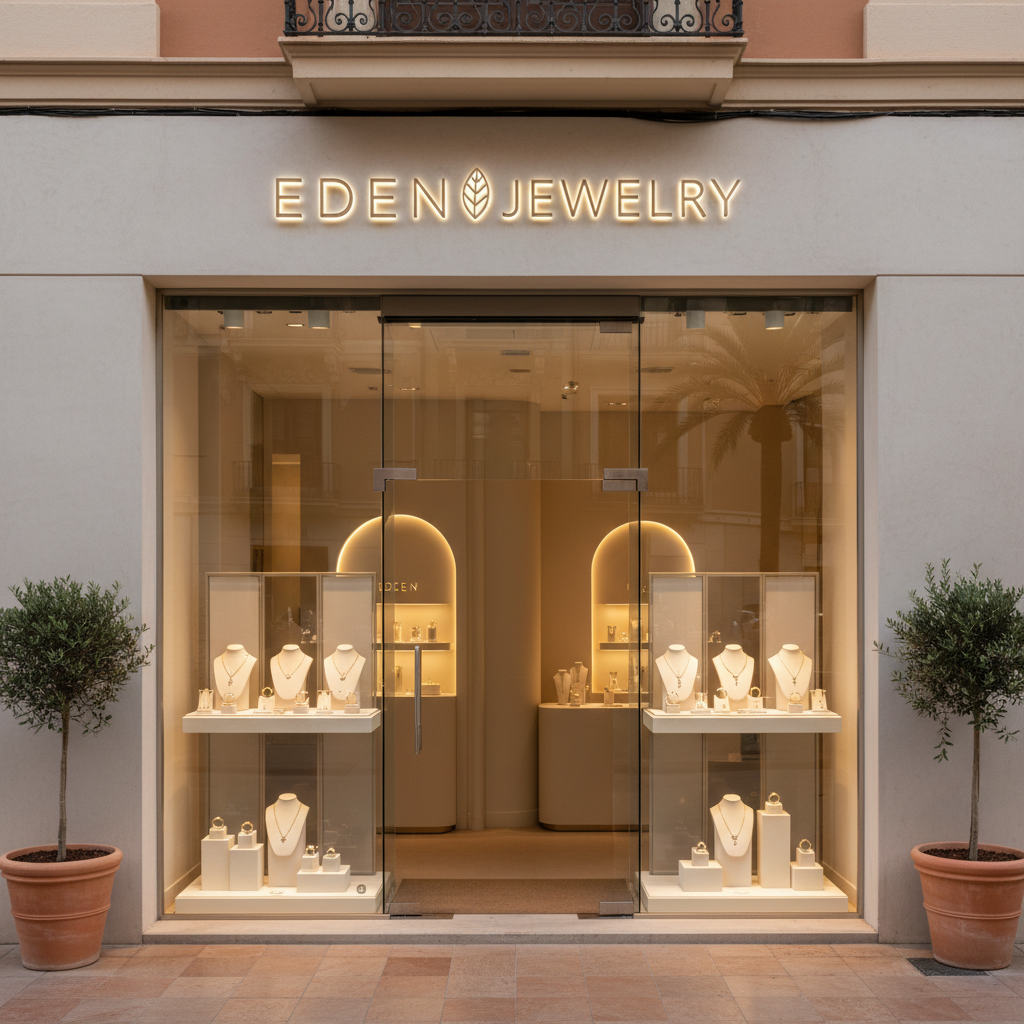 una imagen cercana de una tienda minimalista y elegante, con un cartel que diga 'Eden Jewelery', ubicada en el centro de Valencia, España