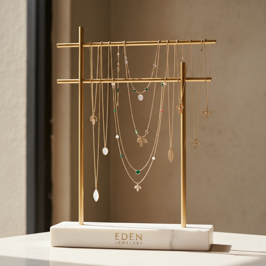 Un expositor minimalista y elegante con diferentes collares de la marca Eden Jewelery, fondo neutro, enfoque limpio, visual de boutique contemporánea.