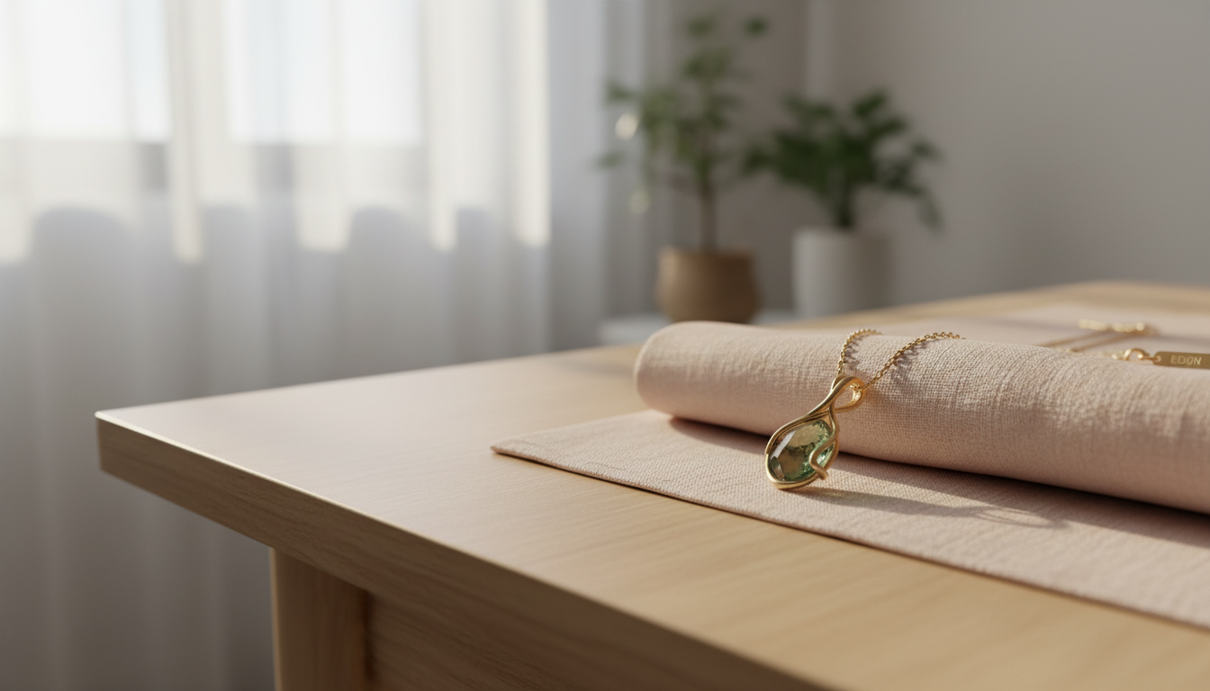 A delicate gold pendant necklace featuring a faceted tourmaline gemstone in muted green, draped elegantly across a folded linen cloth in a subtle blush shade. The setting is a minimalist tabletop near a softly lit window, allowing diffused sunlight to play across both the warm metal and the gentle texture of the fabric. The composition utilizes asymmetric balance, with the necklace extending diagonally across the frame, and shallow focus lending gentle blur to the background. The mood is quietly luxurious and authentic, emphasizing the hand-made artistry and inviting viewers into the sophisticated world of Eden Jewelery’s collection. The photographic style is clean, detailed, and imbued with understated color.