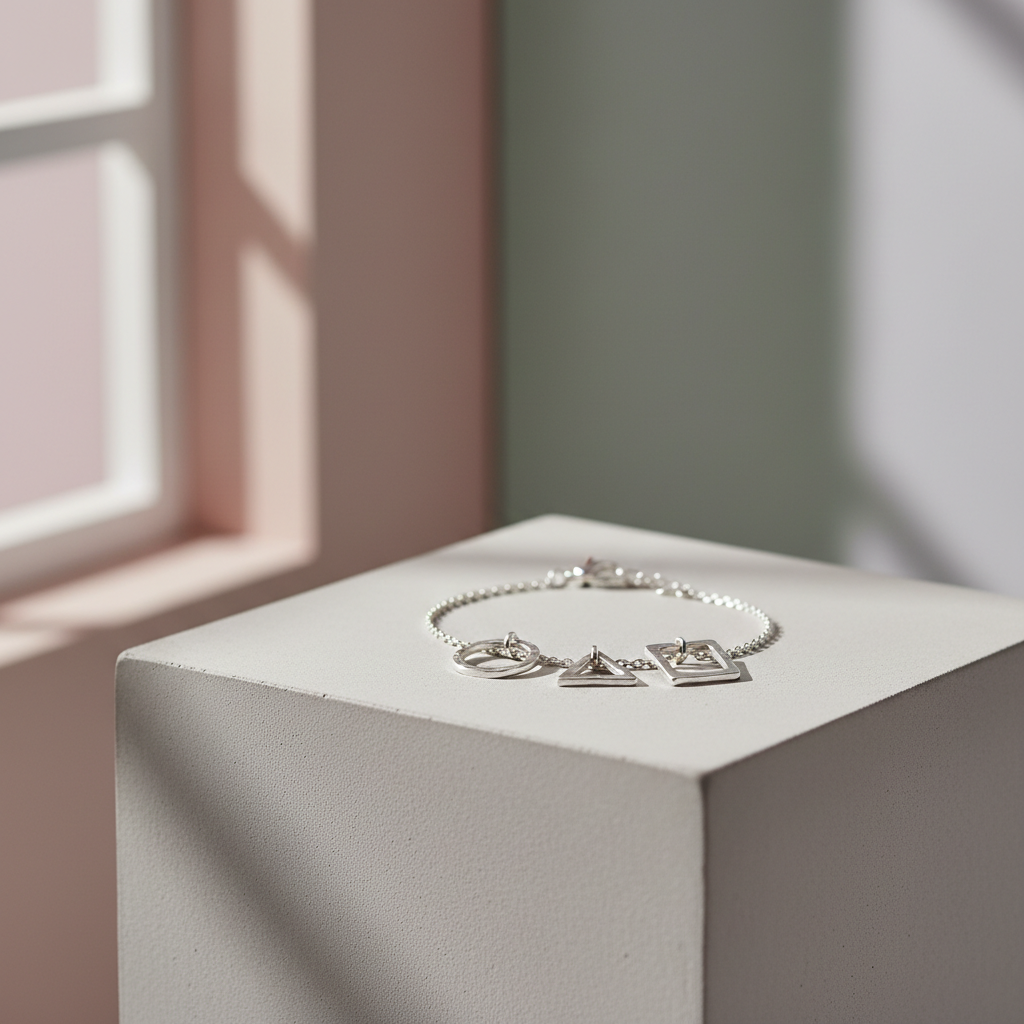 A meticulously crafted sterling silver bracelet with a hammered matte finish and minimalist geometric charms, elegantly arranged atop a smooth, pale concrete pedestal. The scene is set in a light-filled, airy studio environment with subtle pastel-hued walls. Soft natural daylight streams in from the side, creating gentle highlights on the metal surfaces and subtle gradients of shadow for depth. The overall atmosphere is sophisticated and tranquil, with an emphasis on uncluttered space and refined detail. Composed with a centered angle and a shallow depth of field, the image exemplifies photographic realism anchored in a minimalist yet colorfully muted aesthetic, perfectly capturing the essence of artisanal jewelry for a premium online store.