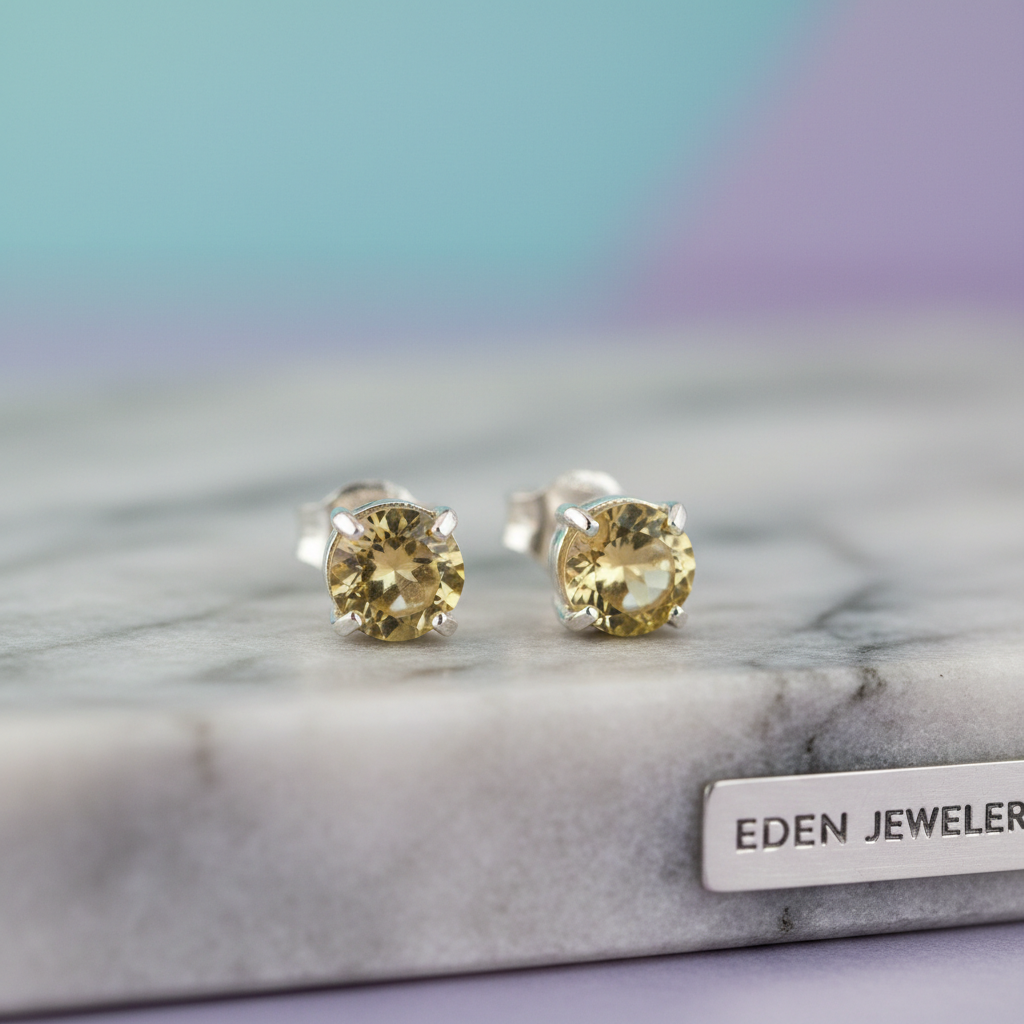 A close-up of a dainty pair of handmade silver stud earrings set with petite, buttery yellow citrine stones, displayed on a minimalist slab of cool-toned marble. The background is softly blurred with hints of aqua and lavender, creating a subtle, sophisticated color wash. Directional softbox lighting ensures the facets of each citrine catch the light without harsh glare, enhancing their subdued brilliance. The composition is tight and crisp, shot at eye level with a rule-of-thirds placement, giving attention to scale and artisanal workmanship. The mood is refined and joyful, embodying the affordable elegance and authenticity that Eden Jewelery champions.