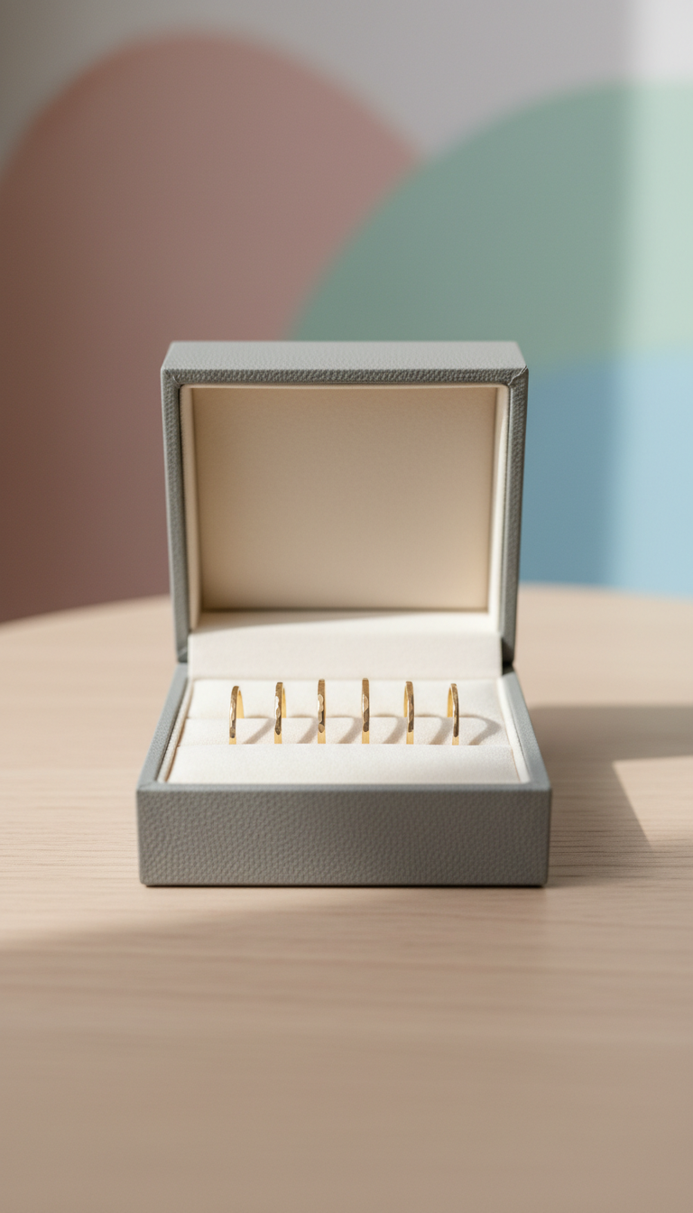 A minimalist open jewelry box in textured matte grey, its interior lined with soft cream velvet, showcasing a carefully arranged trio of stackable, thin gold bands with subtle hammered finishes. The box rests atop a smooth, light wooden tabletop, offset against a faintly colorful pastel backdrop that evokes tasteful modernity without overpowering. Gentle, diffused window light bathes the scene, creating soft reflections on the metal and highlighting the refined details of each ring. The composition uses a centered top-down view with shallow focus, encapsulating the calm and elegant mood that defines Eden Jewelery’s visual identity, supporting the narrative of thoughtful craftsmanship and everyday luxury.